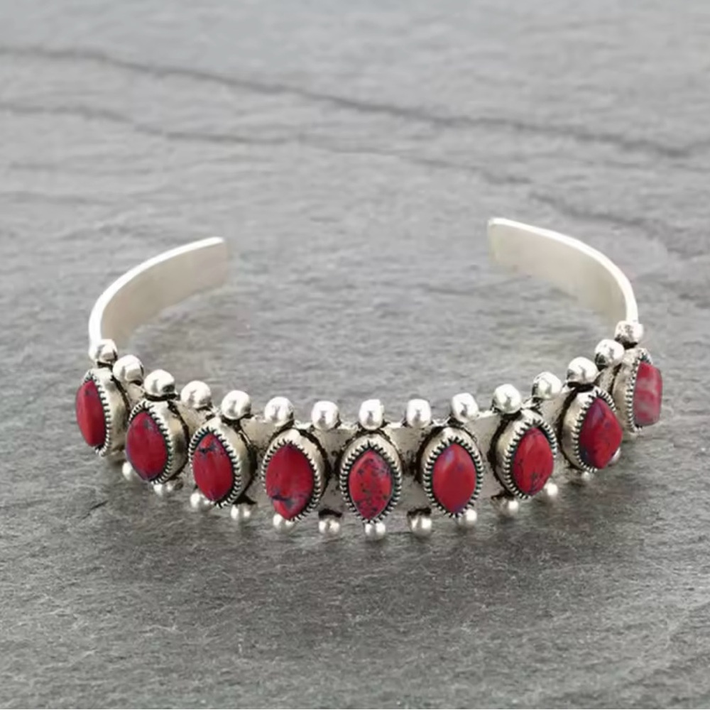 NEW! Boho Rustic Silver and Red Stone Cuff Bracelet